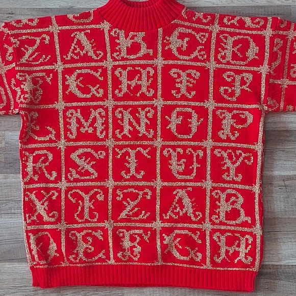 Vintage Red Gold Alphabet Mock Neck Sweater Medium - Picture 3 of 8